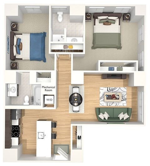 Floor plan for 2 beds, 2 baths, 975 sqft